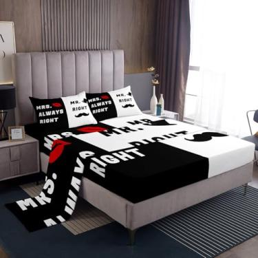 Imagem de Erosebridal Jogo de lençol Mr Right Mrs Always Right preto e branco, presentes de casamento, presentes de casamento, lábios vermelhos, tamanho Queen, casal para marido e esposa