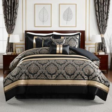 Imagem de PANGUSHAN Conjunto de edredom Queen, 7 peças, luxuoso, sedoso, elegante, jacquard fofo, reversível, com saia para cama, fronhas e travesseiros, cama em uma bolsa queen, alternativa, preto/dourado