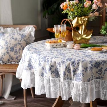 Imagem de Artbloss Toalha de mesa de linho de algodão vintage azul floral casa de fazenda toalha de mesa lavável de renda branca decoração campestre francês para piquenique em casa festa de férias (azul, 152 cm