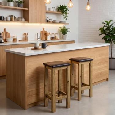 Imagem de Kit 2 Banquetas Altas de Madeira Maciça Reforçada Imbuia Com Estofado Corano Preto