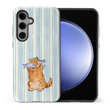 Imagem de Goodsprout Capa para Samsung Galaxy S25, silicone TPU de camada dupla + PC rígido, à prova de choque e resistente a arranhões, um gato travesso com listras azuis comendo peixe