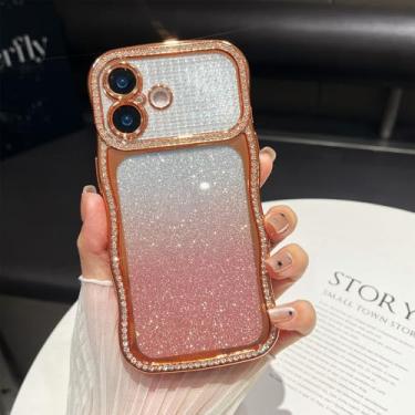 Imagem de ZTOFERA Capa de diamante brilhante para iPhone 13/14, moldura ondulada encaracolada com cartão de padrão gradiente, TPU macio fino e capa protetora completa para câmera, design bonito e transparente