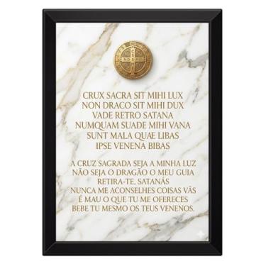 Imagem de Quadro Medalha de Sâo Bento Fundo Mármore Bonito (Moldura Branca, 30x42cm)