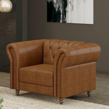 Imagem de Poltrona Decorativa Stanford Chesterfield Pés De Madeira Couro Mel Manchado G58 Gran Belo