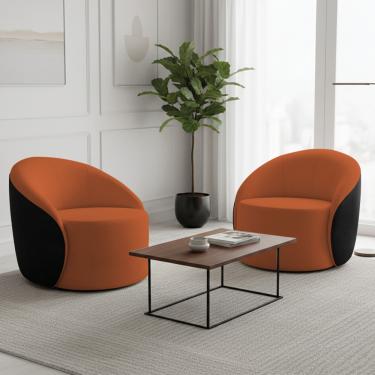 Imagem de Poltrona Sala Orgânica Kit 2 Lua Giratória Sintético PU Preto/Bouclê Terra D03 - D'Rossi