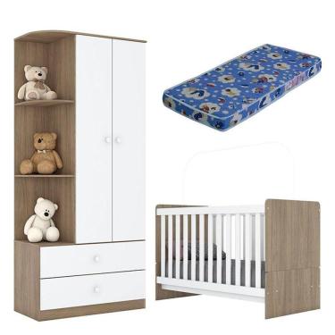 Imagem de Berço Nacional E Guarda Roupa Infantil Labirinto Rústico Branco Brilho Com Colchão Ortobom - Henn