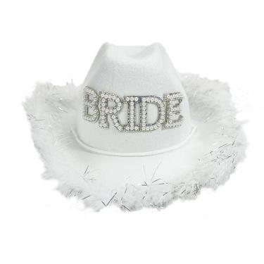 Imagem de Chapéu de cowboy Bride, jeans branco com acabamento em penas 38x30x13c