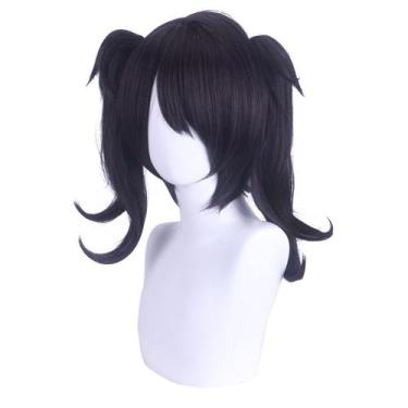 Imagem de Peruca de cosplay preta curta encaracolada de 35 cm com cauda dupla co