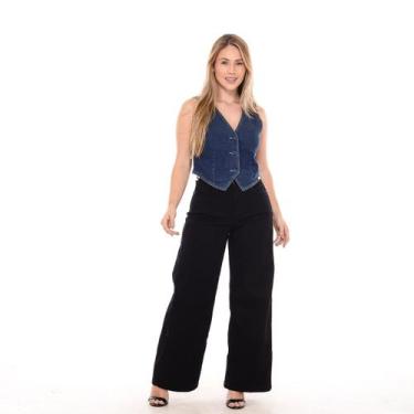 Imagem de Calça Petit Wide Leg Mom Feminina Paper Bag Pant Perna Larga, Preto, 3