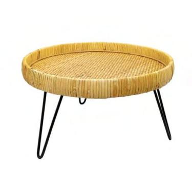 Imagem de Bandeja Redonda Madeira Alta Com Pés Em Metal Preto - LUXdécor