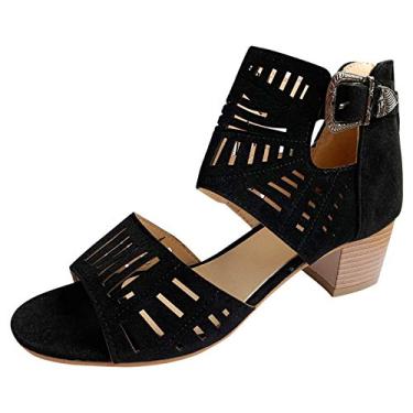 Imagem de Sandálias femininas elegantes de verão com salto de dedo do pé feminino casual fivela sólida sandálias femininas peep moda sapatos alta casual feminina, Preto, 10