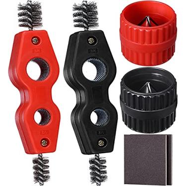 Imagem de Conjunto de 6 peças de limpador e alargador e esponja de lixamento, inclui 2 peças de limpador de tubo de cobre, 2 peças de alargador e 2 pacotes de esponja de lixamento, 4 em 1 escova de rebarbação para tubos de cobre e latão PPR de PVC
