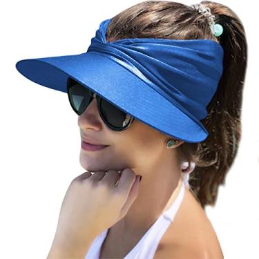 Imagem de Muryobao Chapéu feminino com viseira de sol de aba larga para verão FPS 50+ proteção UV praia esporte boné, Azul royal, Tamanho Único