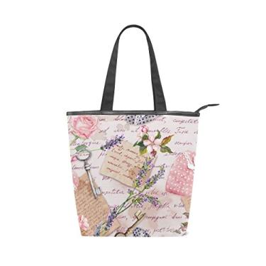Imagem de Bolsa feminina de lona durável vintage lavanda flores letras chaves rosas grande capacidade sacola de compras bolsa de ombro