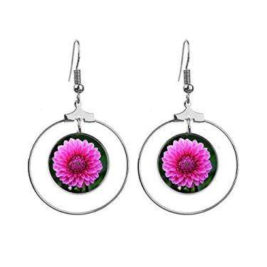 Imagem de Brincos de argola pendentes com flores grandes rosa e folhas verdes