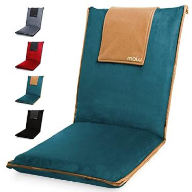 Imagem de malu Cadeira de chão acolchoada de luxo com suporte para as costas – Almofada de meditação com encosto totalmente dobrável ajustável e capa removível lavável portátil fácil de lavar com detalhes de couro vegano (azul-petróleo floresta)