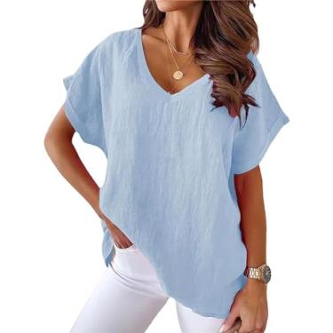 Imagem de ONLYSTORY Camisetas femininas de linho de algodão casual verão manga curta extragrande gola V blusas soltas, C - azul, G