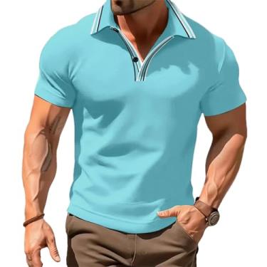 Imagem de BoShiNuo Camiseta masculina de manga curta com lapela de cor sólida e manga curta casual masculina, Azul bebê, PP