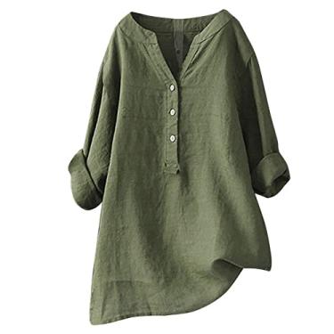 Imagem de Lainuyoah Blusas casuais femininas de manga 3/4, camisas plus size, túnica elegante, blusa de linho, gola V, botões, C - verde, G