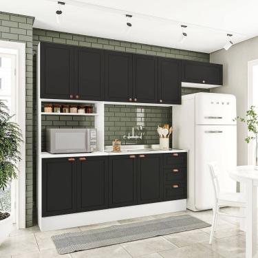 Imagem de Cozinha Pérola com Rodapé 4 Peças Paneleiro/torre Quente Aéreo 3 Portas Balcão 120 e Basculante Yesc Branco/Preto