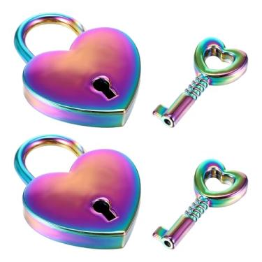 Imagem de 2 peças pequenas fechaduras em forma de coração com chave, Mabor mini cadeado de coração de metal colorido personalizado para diário caixa de joias caixa de joias Srorage Box Locker decoração