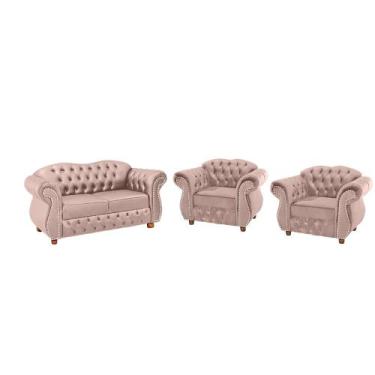 Imagem de Uma Namoradeira + Duas Poltronas Chesterfield Merlô - Suede Rosa Claro