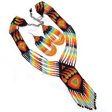 Imagem de LA VIVA Colar indiano com contas feito à mão, estilo nativo americano, sementes em camadas, conjunto de brincos de pata de urso de fogo laranja para mulheres. S-53-SB-5, Bronze, Contas de vidro tcheco