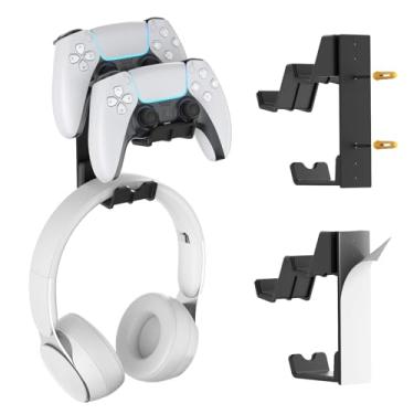 Imagem de KDD Suporte de parede para controle duplo e fone de ouvido – Gancho de fone de ouvido para jogos com adesivo ou parafusos, instalação para Xbox Series X/S, PS5/4/3, interruptor, STEAM, acessórios de