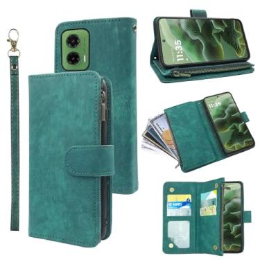 Imagem de Dibosom Capa carteira para Motorola Moto G35 com cordão de pulso e couro vintage premium flip porta-cartão de crédito acessórios capa de celular para mulheres homens verde