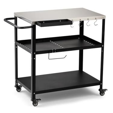 Imagem de GVGBUK Mesa de carrinho para churrasqueira externa, mesa de forno de pizza interna e externa, com 4 rodízios de bloqueio total móveis, ganchos, alça lateral multifuncional (mesa de aço inoxidável)