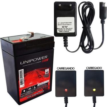 Imagem de Kit Bateria 6v 4,5ah Unipower + Carregador 6v 900mah Led Moto Carrinho
