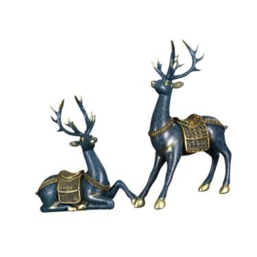 Imagem de FLCPJGV 2 Peças Estátua de Veado Escultura de Rena Estatueta de Alce Ornamento de Resina com Chifres Elegante para Sala de Estar Decoração de Prateleira de Es, Azul, Tamanho real