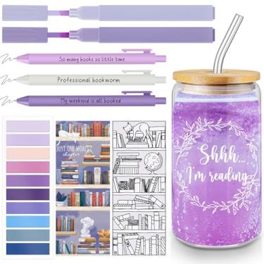 Imagem de FillTouch 8 peças, presentes para amantes de livros, copo de vidro de 473 ml, com tampa de bambu, lista de leitura, marcador de livro, marcadores pastel, canetas adesivas para escola, professor