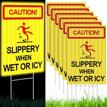 Imagem de Yaocom Placa refletiva de 6 peças Caution Slippery When Wet or Icy 8 x 12 Placa dupla face para piso molhado Sinal de gelo com estacas sinais de aviso para rua gramado quintal estrada sinal visual