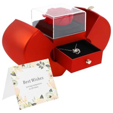 Imagem de Colar de rosa vermelha artesanal preservada com clavícula oca requintada caixa de joias com colar para namorada, esposa, mãe, presente no aniversário de Natal (gulas)