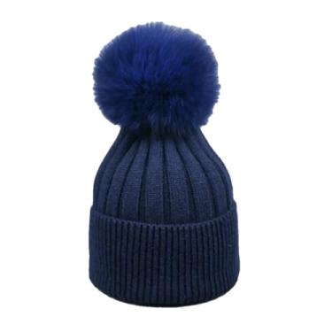 Imagem de Chapéu feminino de inverno infantil pompons para pais e filhos, quente, de malha, de lã, azul marinho para crianças