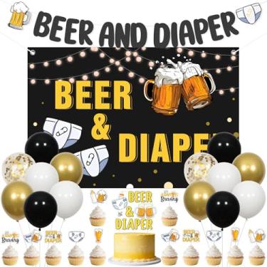 Imagem de JOYMEMO Black and Gold Beer and Diaper Baby Shower Decorations - Beer and Diaper Backdrop, Banner, Cake Topper with A Baby Is Brewing Cupcake Toppers Double Sided for Pregnancy Celebration Newborn