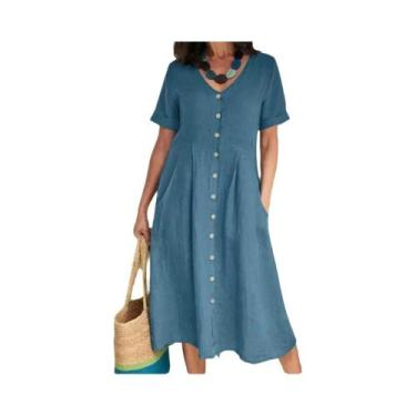 Imagem de Vestido De Algodão E Linho plus Size Com Decote Em V, Manga Curta, Bot