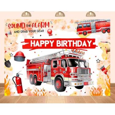 Imagem de PEKRU Tema de caminhão de bombeiros de 2,1 x 1,5 m, cenário de aniversário, vermelho, caminhão de bombeiros, alarme de hidrante, suprimentos para decoração de festa de aniversário, adereços para