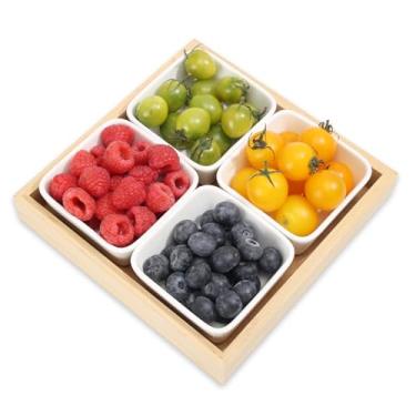 Imagem de Tigelas de lanche de cerâmica com conjunto de bandeja de bambu, tigelas e travessas divididas para hospedagem e festa, pratos de servir removíveis para batatas fritas e molhos, frutas, vegetais, doces