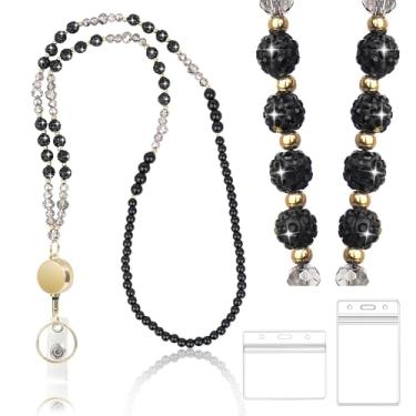 Imagem de VIQWYIC Cordão retrátil com contas brilhantes para mulheres, ideal para crachás e chaves, cordão de contas de strass de cristal com carretel de crachá e suporte de identificação para professores