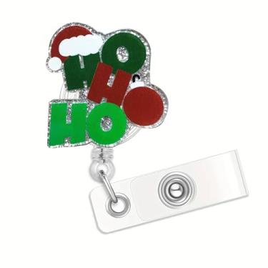 Imagem de Carretel de crachá de Natal retrátil para mulheres e homens, chapéu de Papai Noel acrílico com glitter, suporte de crachá de Natal com clipe jacaré, cordão de nylon de 64 cm para estudantes