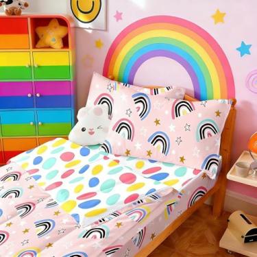 Imagem de Yadangxiawa Jogo de edredom infantil, solteiro com zíper, estampa de arco-íris, com manchas coloridas, lençol com elástico e fronhas para todas as estações (arco-íris-B)