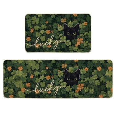 Imagem de Artoid Mode Conjunto de 2 tapetes de cozinha Shamrock Lucky Black Cat Dia de São Patrício, tapetes de cozinha discretos para decoração de casa - 43 x 73 cm e 43 x 128 cm