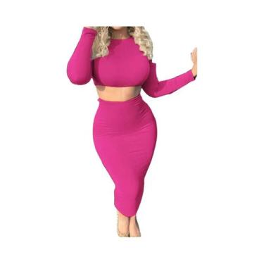 Imagem de Conjunto De Vestido Com Top Cropped De Manga Longa E Saia Até O Meio D