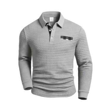 Imagem de Camisas Polo Masculinas De Manga Longa Em Cores Sólidas Com Detalhes E