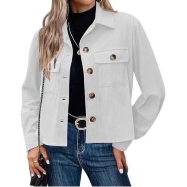 Imagem de Jaqueta De Veludo Cotelê Para Mulheres, Jaqueta Cropped De Lapela Com Botões Na Moda, Tops De Casaco Slim De Manga Longa Casual De Outono Com Bolsos, White, M