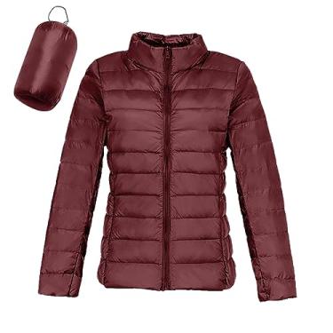 Imagem de Jaqueta feminina acolchoada embalável, leve, curta, de inverno, moderno, slim fit, com capuz, jaqueta acolchoada leve, Vinho - C, XXG