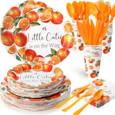 Imagem de FillTouch 350 peças Little Cutie Pratos de papel para chá de bebê, guardanapos, copos, facas, garfos, colheres para 50 convidados, utensílios de mesa de festa laranja descartáveis para aniversário