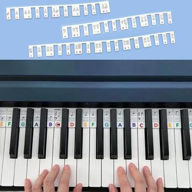 Imagem de Adesivos de chave de piano, 2024 novos adesivos de teclado de piano completo removíveis, guia de notas de piano com semitônio para iniciantes 88/76/61/54/49/37 teclas feitas de silicone reutilizável